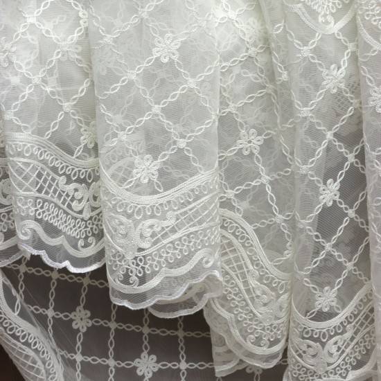 Natural-100 V-2 Wholesale Brode Embroidered Tulle Curtain Fabrics Living Room and Bedroom Curtains 2 Models 100% Polyester