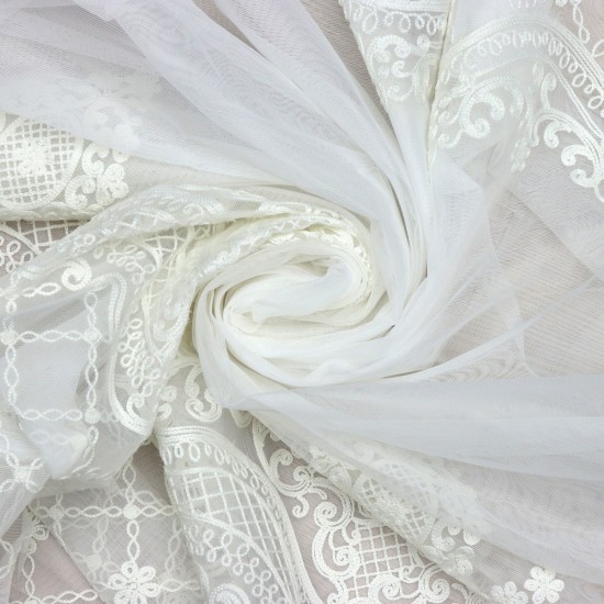 Natural-100 V-2 Wholesale Brode Embroidered Tulle Curtain Fabrics Living Room and Bedroom Curtains 2 Models 100% Polyester