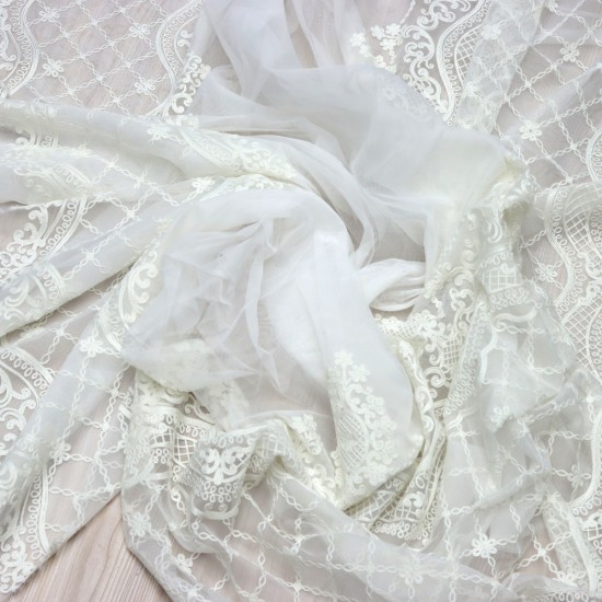 Natural-100 V-2 Wholesale Brode Embroidered Tulle Curtain Fabrics Living Room and Bedroom Curtains 2 Models 100% Polyester